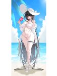 1girl alternate_costume armpit_crease bare_shoulders beach bikini black_hair black_wings blue_archive blunt_bangs blush breasts commentary crossed_legs cup drink drinking_straw frilled_thigh_strap full_body groin halo hat highleg highleg_bikini highres horizon korean_commentary large_breasts long_hair looking_at_viewer missing_halo musclexm navel outdoors palm_leaf pillarboxed platform_sandals red_eyes sandals shirt shirt_partially_removed side-tie_bikini_bottom skindentation smile solo stomach strapless strapless_bikini sun_hat swimsuit thigh_strap tsurugi_(blue_archive) underboob very_long_hair watson_cross white_bikini white_hat white_sandals white_shirt wings 