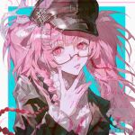  1girl absurdres black_hat black_jacket blue_background border braid brown-framed_eyewear character_request closed_mouth commission copyright_request frilled_sleeves frills glasses hair_ornament hairclip hand_on_own_chin hand_up hat hat_belt hat_chain highres jacket kakakakasi long_hair long_sleeves looking_at_viewer mihuashi_commission outside_border parallel_hairclips peaked_cap pink_eyes pink_hair portrait semi-rimless_eyewear side_braid solo twintails under-rim_eyewear watermark white_border 