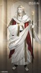  1boy absurdres beard black_beacon blue_eyes copyright_name copyright_notice facial_hair full_body grey_hair highres holding holding_staff hood hood_up hooded_robe logo long_hair looking_at_viewer male_focus official_art official_wallpaper old old_man pillar robe sandals solo staff standing white_robe 