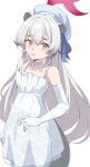  1girl absurdres bare_shoulders bell beret blue_archive blue_hat brown_eyes choker collarbone commentary_request dress elbow_gloves gloves grey_hair hair_between_eyes halo hat highres jingle_bell long_hair looking_at_viewer michiru_(blue_archive) michiru_(dress)_(blue_archive) neck_bell open_mouth ryoji_minato simple_background sleeveless sleeveless_dress solo tail thick_eyebrows very_long_hair white_background white_choker white_dress white_gloves 