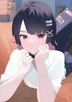  1girl absurdres black_hair black_pantyhose blue_skirt candy colored_inner_hair commentary ellen_joe ellen_joe_(on_campus) fins fish_tail food food_in_mouth highres lollipop lollipop_in_mouth looking_at_viewer lying mole mole_under_eye multicolored_hair official_alternate_costume on_stomach pantyhose razor_blade_hair_ornament red_eyes shark_girl shark_tail shirt short_hair skirt so_916 solo tail white_shirt zenless_zone_zero 