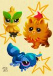  artist_name baby_animal bird brown_eyes browt chick clo_aca commentary dog english_commentary gecko highres leaf littlest_pet_shop lizard no_humans orange_fur parody pokemon pokemon_(creature) pombon pomeranian_(dog) purple_eyes starter_pokemon_trio style_parody thick_eyebrows traditional_media yellow_background 