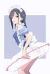  1girl apron ass black_hair blue_eyes blue_one-piece_swimsuit blue_ribbon breasts commentary_request dated hair_ribbon highres innertube long_hair looking_at_viewer maid_apron maid_headdress monai-chan_(nii_manabu) nii_manabu one-piece_swimsuit original ribbon signature small_breasts solo standing swim_ring swimsuit two-tone_background white_apron 