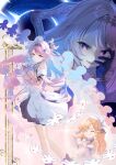  2girls ahoge aleph-1_(wuthering_waves) bare_shoulders black_skirt blue_hair braid braided_sidelocks chinese_commentary closed_mouth colored_inner_hair commentary_request denia_(breakdown)_(wuthering_waves) denia_(wuthering_waves) detached_sleeves dian_zhi_sang dress gloves hair_ornament hand_on_own_face highres long_hair looking_at_viewer mole mole_on_thigh multicolored_hair multiple_girls multiple_views open_mouth pink_hair pointy_ears purple_eyes red_gloves sidelocks sigrika_(wuthering_waves) skirt smile split_theme turning_head veil white_dress white_veil wuthering_waves 