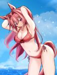  1girl animal_ears armpits arms_up bare_arms bare_shoulders bikini blue_sky blush breasts brown_hair cleavage cloud collarbone commentary_request daiwa_scarlet_(umamusume) hair_between_eyes hair_intakes highres horse_ears horse_girl horse_tail large_breasts long_hair looking_at_viewer navel ocean red_bikini red_eyes sky solo stomach swimsuit tail tofu_thunder twintails umamusume very_long_hair water 