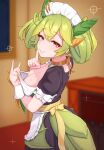  1girl absurdres apron breasts breasts_out clothes_pull commentary_request dragon_girl dragon_horns dragon_tail dress duel_monster finger_to_mouth flashing green_hair green_horns hand_up highres horns index_finger_raised indoors lace-trimmed_apron lace_trim large_breasts long_hair looking_at_viewer maid maid_apron maid_headdress naughty_face nipples nishiaki1 no_bra parlor_dragonmaid presenting_own_breasts pulling_own_clothes seductive_smile shushing smile solo tail twintails yellow_eyes yu-gi-oh! 