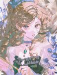  1girl absurdres bird black_dress blue_bow blue_eyes blue_flower bow breasts brown_hair character_request choker cleavage collarbone commission copyright_request curtained_hair dress earclip eyelashes flower frilled_choker frills gem green_gem hair_bow highres holding jewelry kakakakasi long_hair long_sleeves looking_at_viewer mihuashi_commission monochrome parted_lips pendant ringlets solo sparkle upper_body watermark white_bird 