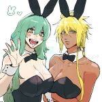  2girls animal_ears black_bow black_bowtie bleach blonde_hair blue_eyes blush bow bowtie breasts cleavage collar commentary_request dark-skinned_female dark_skin detached_collar green_eyes green_hair hair_between_eyes heart large_breasts long_hair multiple_girls nelliel_tu_odelschwanck nobuko28_28 open_mouth playboy_bunny rabbit_ears spiked_hair tier_harribel waving white_background wrist_cuffs 