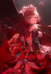  1girl bare_shoulders black_collar black_ribbon black_wings blue_eyes bonnet brown_hair closed_mouth collar commentary detached_collar detached_sleeves dress feathered_wings feathers full_moon genshin_impact hair_ribbon headdress highres long_sidelocks long_sleeves looking_back moon naengbi1008 red_moon red_ribbon ribbon sandrone_(genshin_impact) short_hair short_hair_with_long_locks sidelocks solo untranslatable_commentary white_headdress winding_key wings 