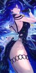  1girl absurdres bare_shoulders bibimbub black_dress black_gloves blue_hair breasts chromatic_aberration commentary cosmetics dress earrings from_side gloves gradient_hair hair_between_eyes highres holding holding_lipstick_tube jewelry large_breasts lipstick_tube long_hair looking_at_viewer lucilla_(wuthering_waves) multicolored_hair no_jacket parted_lips purple_eyes purple_hair side_slit sideways_glance smile solo thighlet turning_head untranslatable_commentary wuthering_waves 