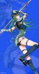  1girl armor ass bike_shorts blue_armor blue_background blue_boots blue_helmet blue_shorts boots breastplate breasts closed_mouth commentary fire_emblem fire_emblem:_radiant_dawn floating_hair foot_out_of_frame from_side green_eyes green_hair helmet highres holding holding_polearm holding_weapon knee_boots long_hair looking_at_viewer looking_to_the_side medium_breasts microskirt mimummom nephenee_(fire_emblem) pauldrons polearm serious short_shorts shorts shorts_under_skirt shoulder_armor skirt spear standing standing_on_one_leg thigh_strap thighs twitter_username v-shaped_eyebrows weapon white_skirt zoom_layer 