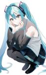  1girl aqua_eyes aqua_hair aqua_necktie black_boots black_skirt black_sleeves boots closed_mouth collared_shirt commentary detached_sleeves grey_shirt hair_between_eyes hatsune_miku head_rest highres long_hair looking_at_viewer necktie shirt simple_background skirt sleeveless sleeveless_shirt smile solo squatting t0klma thigh_boots twintails very_long_hair vocaloid white_background 
