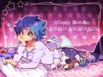  blue_hair chibi commentary_request crystal_beast_amber_mammoth crystal_beast_amethyst_cat crystal_beast_cobalt_eagle crystal_beast_emerald_tortoise crystal_beast_ruby_carbuncle crystal_beast_sapphire_pegasus crystal_beast_topaz_tiger duel_monster frilled_sleeves frills gem green_eyes hand_on_own_face happy_birthday highres horns johan_andersen lying male_focus on_bed on_stomach pillow rainbow_dragon ringotabetai48 wings yu-gi-oh! yu-gi-oh!_gx 