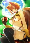  animal_ears apple blazblue breasts brown_eyes brown_hair food fruit gloves justanotherkid large_breasts makoto_nanaya midriff revealing_clothes smile solo squirrel_ears squirrel_tail tail underboob 
