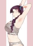  1girl aqua_scrunchie armpits arms_up breasts clothes_writing commentary_request cowboy_shot curled_ends elder_cousin_(igarashi_kyouhei) fingernails from_side grey_panties grey_sports_bra hair_ornament hair_scrunchie hairclip highres igarashi_kyouhei itoko_no_onee-chan_ni_amaechau? jpeg_artifacts large_breasts long_hair looking_at_viewer looking_to_the_side mole mole_under_eye nail_polish panties pink_nails purple_hair scrunchie sideways_glance solo sports_bra stretching twintails two-tone_background underwear underwear_only underwear_writing 