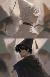  2boys absurdres black_cape black_hair cape closed_mouth commentary english_commentary facial_hair glasses goatee hat highres male_focus multiple_boys olruggio_(tongari_boushi_no_atelier) parted_bangs people pince-nez profile qifrey_(tongari_boushi_no_atelier) sovereign_solace tassel tongari_boushi_no_atelier upper_body white_cape white_hat yaoi 