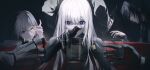  1girl ak-12_(girls'_frontline) ak-12_(mod3)_(girls'_frontline) angelia_(girls'_frontline) black_gloves black_hair blue_eyes bottle closed_eyes commentary cup dark_background defy_(girls'_frontline) english_commentary girls'_frontline glass gloves grey_hair heterochromia highres holding holding_bottle holding_cup hyvulynn long_hair long_sleeves looking_at_viewer mask mechanical_arms mechanical_eyes purple_eyes rpk-16_(boss)_(girls'_frontline) rpk-16_(girls'_frontline) smile solo upper_body yellow_eyes 