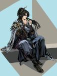 1boy absurdres black_boots black_hair blue_background blue_eyes blue_robe boots cape cheng_heguang chinese_commentary commentary_request full_body grey_background grey_cape grey_pants hands_up highres holding holding_leaf huazhadi leaf long_hair looking_at_hand male_focus mole mole_on_nose pants ponytail reverse:1999 robe sitting solo two-tone_background 