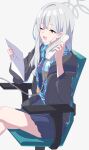  1girl :d ;d absurdres black_jacket blue_archive blue_necktie blue_shirt blue_skirt chair commentary_request corded_phone crossed_legs feet_out_of_frame floral_print grey_background grey_eyes grey_hair halo hawaiian_shirt highres holding holding_phone jacket konoka_(blue_archive) long_hair multicolored_hair necktie off_shoulder office_chair on_chair one_eye_closed open_clothes open_jacket phone pleated_skirt print_shirt ryoji_minato shirt simple_background sitting skirt smile solo streaked_hair swivel_chair 
