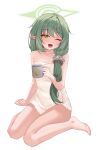  1girl bare_arms bare_legs bare_shoulders barefoot blue_archive blush coffee coffee_mug commentary cup fang green_hair hair_over_shoulder halo highres holding holding_cup long_hair manjie mug naked_towel nozomi_(blue_archive) nozomi_(kujibikido)_(blue_archive) one_eye_closed open_mouth pointy_ears sitting skin_fang solo towel very_long_hair wariza white_background yellow_eyes 