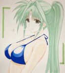  1girl bikini blue_bikini breasts cleavage closed_mouth collarbone commentary_request engo_(aquawatery) facial_mark forehead_mark from_side green_eyes green_hair hair_intakes high_ponytail large_breasts lindy_harlaown long_hair long_sidelocks lyrical_nanoha mahou_shoujo_lyrical_nanoha_strikers mature_female parted_bangs photoshop_(medium) ponytail sideboob sidelocks simple_background smile solo swimsuit traditional_media upper_body white_background wispy_bangs 