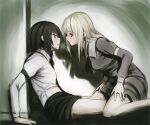  2girls black_eyes black_hair black_necktie black_ribbon black_skirt blonde_hair breath collared_dress collared_shirt commentary_request contrast_collar dress eye_contact face-to-face fumei_(mugendai) hand_on_ground hand_rest hands_on_own_thighs hat long_hair long_sleeves looking_at_another maribel_hearn missing_headwear mob_cap multiple_girls neck_ribbon necktie open_mouth purple_dress ribbon sash shirt short_hair sideways_mouth sitting skirt sleeve_cuffs sleeve_garter touhou usami_renko wariza white_hat white_sash white_shirt yellow_eyes yuri 