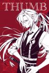  1boy akanochisato belt chest_harness closed_mouth collared_shirt commentary_request cowboy_shot floating_hair greyscale_with_colored_background harness highres limbus_company long_hair lucio_(project_moon) male_focus necktie pants ponytail profile project_moon red_background red_eyes serious shirt silk sleeves_rolled_up solo spider_web spot_color sword vest weapon weapon_on_back 