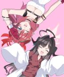 2girls :d ;d absurdres ahoge arm_up black_hair blue_archive blue_eyes breasts cleavage collared_shirt commentary_request demon_horns dress_shirt fang gloves hair_intakes halo highres horns kasumi_(blue_archive) lab_coat long_hair long_sleeves medium_breasts megu_(blue_archive) multiple_girls one_eye_closed open_clothes pink_background pointy_ears red_gloves red_hair red_shirt ryoji_minato shirt simple_background sleeves_past_fingers sleeves_past_wrists smile tank_top very_long_hair white_tank_top 