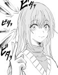  1girl absurdres closed_mouth commentary_request greyscale hand_up highres idolmaster idolmaster_shiny_colors jujutsu_kaisen knife long_hair monochrome munbato_(watari_megumi) parody simple_background solo suzuki_hana sweater_vest turtleneck upper_body v-neck white_background 
