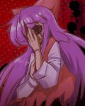  1girl blood blood_from_eyes commentary_request dress ellen_(majo_no_ie) hair_ribbon hand_on_own_face long_hair majo_no_ie purple_hair red_dress red_ribbon ribbon solo zassou_maruko 