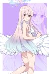  1girl absurdres ass bikini blue_archive blue_hair blush border brown_eyes closed_mouth commentary_request feathered_wings feet_out_of_frame frilled_bikini frills from_behind gradient_hair halo highres kneepits long_hair looking_at_viewer looking_back low_wings mika_(blue_archive) mika_(swimsuit)_(blue_archive) multicolored_hair pink_hair purple_background ryoji_minato smile solo swimsuit very_long_hair white_bikini white_border white_wings wings zoom_layer 