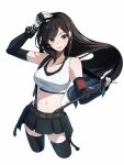  1girl artist_name black_gloves black_hair black_skirt black_sports_bra black_thighhighs breasts buckle cleavage collarbone commentary crop_top cropped_legs earrings elbow_gloves english_commentary final_fantasy final_fantasy_vii final_fantasy_vii_remake fingerless_gloves from_below gloves highres jewelry large_breasts long_hair looking_at_viewer low-tied_long_hair parted_bangs red_eyes saiivia simple_background skirt smile snap-fit_buckle solo sports_bra suspender_skirt suspenders suspenders_pull tank_top thighhighs tifa_lockhart white_background white_tank_top 