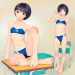  1girl barefoot bikini black_hair blue_bikini brown_eyes commentary_request desk flat_chest full_body fumichika_mori looking_at_viewer looking_to_the_side multiple_views navel on_desk original partial_commentary ribs short_hair sitting skinny sports_bikini swimsuit toes 