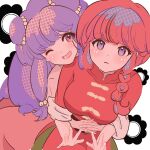  2girls absurdres bell blue_eyes braid braided_ponytail breasts commentary_request hair_bell hair_ornament highres hug hug_from_behind long_hair medium_breasts multiple_girls nibo_ume_katsu one_eye_closed open_mouth purple_eyes purple_hair ranma_1/2 red_hair red_shirt saotome_ranma saotome_ranma_(female) shampoo_(ranma_1/2) shirt sidelocks smile 