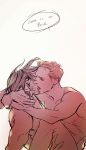  2boys anal arms_around_neck blonde_hair brown_hair bucky_barnes captain_america_(series) closed_eyes collarbone commentary completely_nude english_commentary english_text fanfiction_available floating_hair kiss male_focus male_penetrated marvel multiple_boys muscular muscular_male nude pectorals sex short_hair short_sideburns sideburns speech_bubble steve_rogers yaoi yummyman 