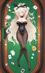  1girl absurdres ace_(playing_card) ace_of_hearts ace_of_spades animal_ear_hairband animal_ears armpits artistic_error baby_animal bird black_bow black_bowtie black_leotard black_pantyhose blonde_hair bow bowtie breasts card casino_card_table chick chinese_commentary cleavage clothing_cutout commentary_request dakimakura_(medium) detached_collar extra_ears fake_animal_ears four_of_hearts from_above hairband heart heart_cutout highres jack_(playing_card) jack_of_spades jie_tou_deng_shan_ke king_(playing_card) king_of_diamonds large_breasts leotard long_hair lying navel_cutout on_back original pantyhose playboy_bunny playing_card poker_chip rabbit_ears rabbit_tail spade_(shape) strapless strapless_leotard table tail thigh_gap two_of_diamonds wrist_cuffs 