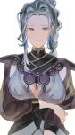  1girl absurdres akekaede824 armor blue_dress blue_hair blush braid braided_ponytail breasts brown_eyes closed_mouth commentary_request dress expressionless fire_emblem fire_emblem:_fortune's_weave highres large_breasts long_hair long_sleeves looking_at_viewer mole mole_under_mouth pauldrons ponytail see-through_clothes see-through_sleeves shoulder_armor simple_background solo ursula_(fire_emblem:_fortune's_weave) white_background 