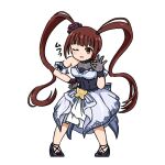  1girl black_shoes blue_dress brown_eyes brown_hair commentary_request dress full_body gloves hand_on_own_hip idolmaster idolmaster_million_live! idolmaster_million_live!_theater_days kuro_megane_(cat-13) lace lace_gloves leaning_forward long_hair looking_at_viewer matsuda_arisa morpho_paresia_(idolmaster) no_socks official_alternate_costume ok_sign one_eye_closed see-through_clothes see-through_gloves shoes simple_background solo standing twintails very_long_hair white_background 