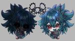  1girl alternate_form black_sclera chibi collar colored_sclera colored_skin colored_tongue commentary eros_valentyne green_hair green_tongue grey_background grey_skin hair_between_eyes hair_ornament highres horror_(theme) indie_virtual_youtuber looking_at_viewer open_mouth pointy_ears ponytail red_eyes scissors_in_head spiked_collar spikes striped_sleeves su_niii teeth virtual_youtuber x_hair_ornament 