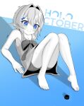  1boy absurdres animal bare_legs barefoot basher blue_bow blue_eyes boros_(ouro_kronii) bow bug commentary crossdressing crossdressing_(mtf) dress english_commentary feet full_body greyscale_with_colored_background hair_between_eyes hair_bow hair_intakes highres hololive hololive_english legs looking_at_animal looking_at_viewer lying male_focus on_back personification pointy_ears raised_inner_eyebrows scared short_dress short_hair sleeveless sleeveless_dress smile solo spider spot_color sweat toes trap trembling virtual_youtuber 