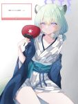  1girl animal_ears aqua_hair bath_yukata blue_archive blush breasts commentary_request grey_kimono halo highres japanese_clothes kimono long_sleeves looking_at_viewer medium_hair purple_eyes shigure_(blue_archive) shigure_(hot_spring)_(blue_archive) small_breasts smile solo tanutika translation_request weasel_ears weasel_girl wide_sleeves yukata 