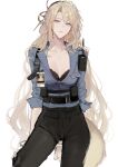  1girl absurdres animal_ears arknights black_bra black_hairband black_pants blonde_hair blue_eyes blue_shirt bra breasts chinese_commentary cleavage commentary_request cuffs curtained_hair denim dog_ears dog_girl dog_tail dress_shirt droopy_ears extra_ears floppy_ears hair_ornament hairband handcuffs highres holster jeans joshua_(shisanli934) kristen_(arknights) lapels looking_at_viewer pants radio shirt simple_background sleeves_rolled_up solo tail underwear walkie-talkie white_background 