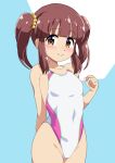  1girl 22/7 breasts brown_eyes brown_hair commentary_request competition_swimsuit covered_navel happy_birthday highleg highleg_one-piece_swimsuit mizusaki_johnko ogata_chieri one-piece_swimsuit sidelocks small_breasts smile solo swimsuit twintails two-tone_background two-tone_swimsuit white_one-piece_swimsuit 
