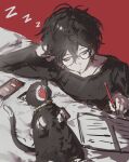  1boy amamiya_ren bed_sheet black-framed_eyewear black_hair black_shirt cat cellphone closed_eyes closed_mouth commentary elbow_rest glasses hair_between_eyes head_on_hand head_rest highres holding holding_pen k1kiwa long_sleeves lying messy_hair morgana_(cat)_(persona_5) morgana_(persona_5) pen persona persona_5 pet phone shirt short_hair sleeping smartphone taking_notes text_messaging tuxedo_cat upper_body yawning zzz 