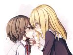  2girls asymmetrical_hair blonde_hair blush brown_eyes brown_hair closed_mouth collared_dress collared_shirt commentary_request contrast_collar dress eye_contact face-to-face fumei_(mugendai) hair_ribbon hand_on_another's_chin long_sleeves looking_at_another maribel_hearn medium_hair missing_headwear multiple_girls necktie one_eye_covered open_mouth purple_dress purple_eyes red_necktie ribbon shirt sidelocks sleeve_cuffs smile sweat touhou usami_renko white_background white_shirt yuri 