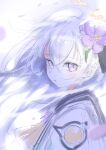  1girl absurdres azusa_(blue_archive) black_sailor_collar blue_archive blush bow bow_flower bowtie closed_mouth colored_inner_hair commentary_request crescent_halo crossed_bangs falling_petals floating_hair flower flower_hairtie from_side hair_behind_ear hair_between_eyes hair_flower hair_ornament hair_tie halo head_tilt highres long_hair looking_at_viewer mnx2ek0 multicolored_hair petals portrait purple_eyes purple_flower sad sailor_collar shirt simple_background sketch solo star_(sky) starry_hair white_background white_hair white_shirt white_wings wind winged_halo wings yellow_bow yellow_halo 