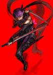  ayane_(doa) bad_id bad_pixiv_id blood blood_on_face bodysuit dead_or_alive dual_wielding elbow_gloves gloves headband highres holding ninja ninja_gaiden ninjatou purple_hair red_eyes reverse_grip scarf short_hair short_sword solo sword vambraces weapon yi_dianxia 