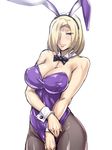  black_beat blonde_hair blue_eyes bow bowtie breasts bunnysuit cleavage detached_collar hair_over_one_eye large_breasts majestic_prince pantyhose short_hair solo suzukaze_rin wrist_cuffs 