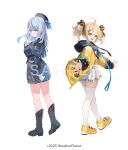  2girls ahoge amagai_ruka appare_hinata aqua_eyes aqua_hair arm_at_side black_boots black_skirt blue_eyes blue_hair boots closed_mouth commentary_request full_body gloves grey_hair hand_up hat highres jacket kobuta long_hair long_sleeves looking_at_viewer medium_hair multicolored_hair multiple_girls official_art open_clothes open_jacket open_mouth sample_watermark shoes simple_background skirt smile standing streaked_hair thighhighs twintails virtual_youtuber watermark weather_planet white_background white_gloves white_skirt white_thighhighs yellow_jacket yellow_shoes zettai_ryouiki 