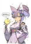  1girl animal_ear_fluff animal_ears artist_name asymmetrical_bangs baby_animal big_hair bird bird_on_hand blue_eyes blush breasts chick commentary_request corset dated detached_sleeves eyeshadow flower fox_ears fox_girl hair_flower hair_ornament hand_on_own_stomach high_ponytail highres japanese_clothes kimono light_particles long_hair looking_at_viewer makeup making-of_available medium_breasts meiz number_tattoo original painting_(medium) parted_lips perched ponytail purple_flower purple_hair purple_kimono red_eyeshadow retrofuturism shikishi signature solo speech_bubble tattoo traditional_media watercolor_(medium) white_background 